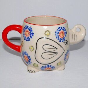 Yokohama studio Elephant Mug Hand painted Figural White Blue Red 16 oz